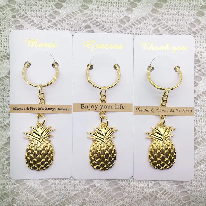 

100pcs/lot Wedding Favors Birthday Party Gifts for Guests Golden Color Pineapple KeyChain with Personalized Thank you Card