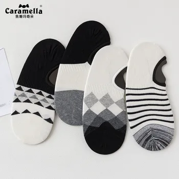 

Caramella Men's Boys Invisible No Show Socks Low Cut Cotton Black & White Pattern 4 Pairs /Lot