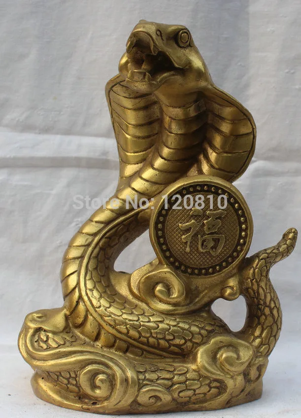 

China Chinese Brass Folk Fengshui Fu Rich Wealth Zodiac Year Eye Snake Statue