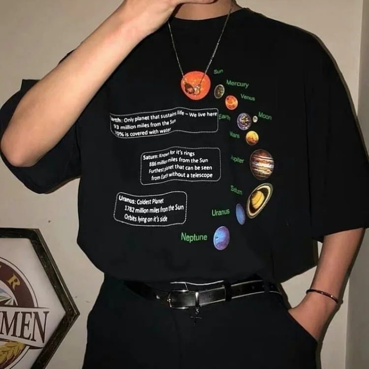 Футболка с солнечной системой, футболка с гиком, корейская мода, безразмерная футболка, хипстеры в стиле гранж, футболка с Плутоном, футболки, Юпитер Сатурн, о-ник - Цвет: Черный