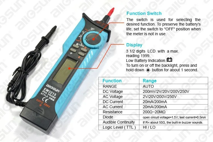 ALL SUN EM3215 Pen Type Digital Multimeter DC AC Voltage Current Tester Diode Continuity Logic Voltage Tester