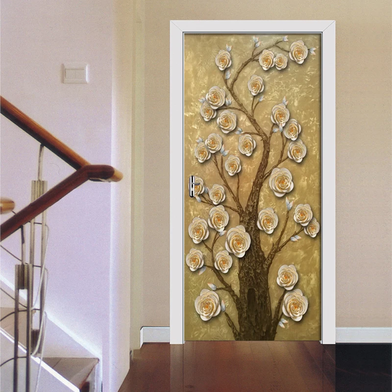 PVC Self adhesive Removable Door Sticker 3D Embossed Golden Rich Tree