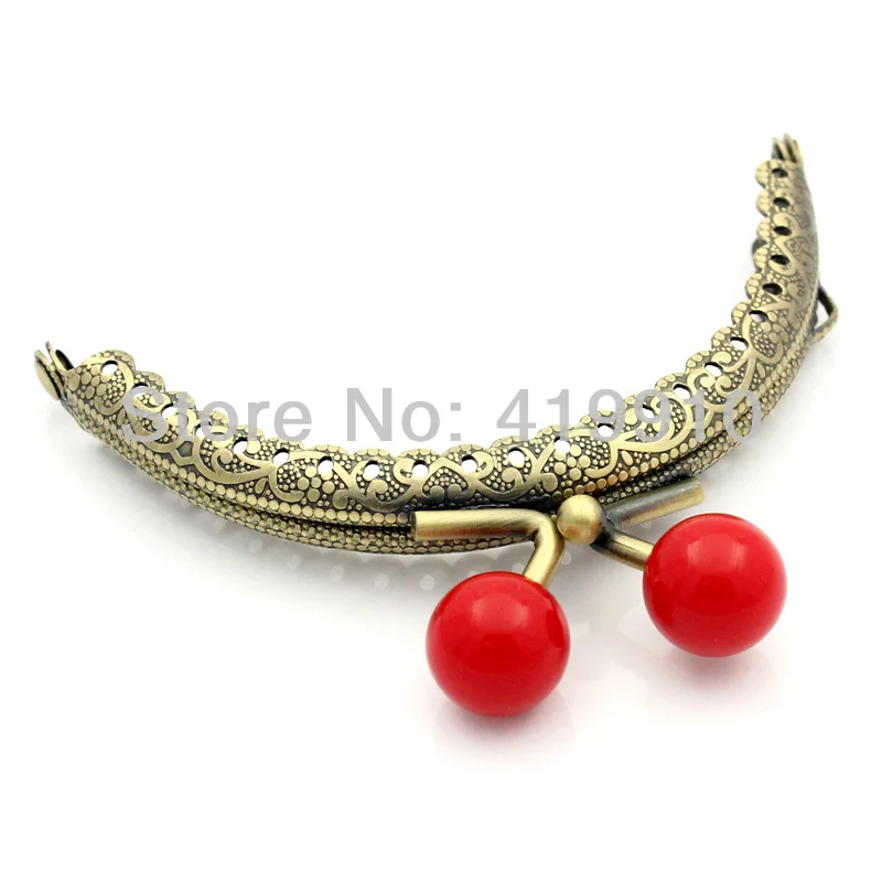 

Free Shipping-2PC Metal Frame Kiss Clasp Arch For Purse Bag Lock Handle DIY Handmade Antique Bronze Red Ball 8.8x7.5cm