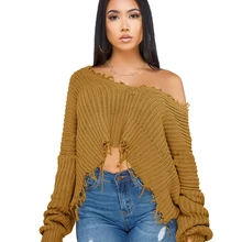 2019 Knitted Sweater Autumn Winter Women Ripped V Neck Loose Sweater Pullovers Ladies Solid Color Femme Fashion Tassel Sweaters