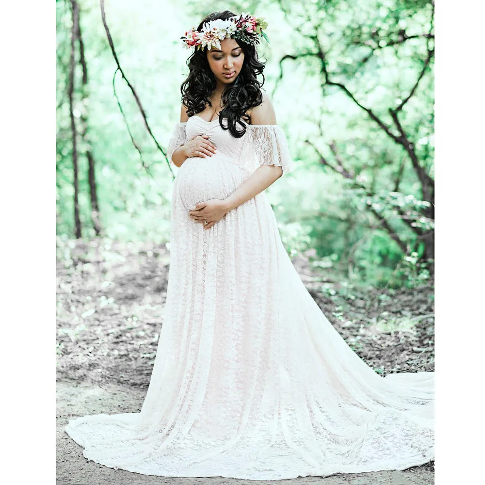 Платья для беременных для фотосессии женские цветочные кружева короткий рукав фотографии развевающиеся рукава с открытыми плечами длинное платье ropa embaraza