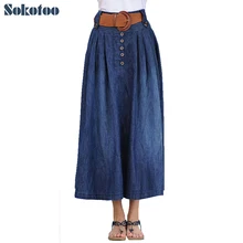 Sokotoo Женская Повседневная Эластичная талия широкая Расклешенная юбка Дамская плюс большой размер длина по щиколотку Длинная тонкая джинсовая юбка с поясом