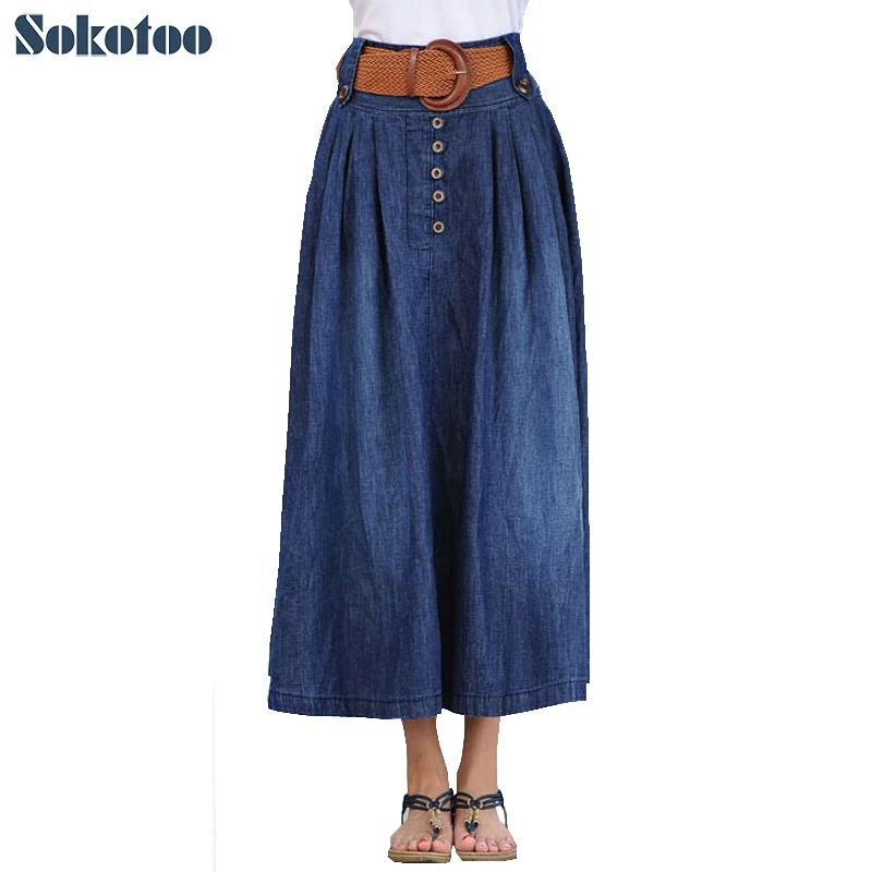 

Sokotoo Women's casual elastic waist wide flare skirt Lady's plus large size ankle length long thin denim skirt with belt