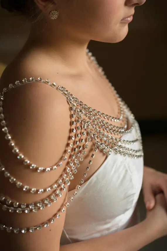 Fashion sexy chain shiny rhinestone crystal mesh harness necklace women multilayer chain shoulders chain jewelry