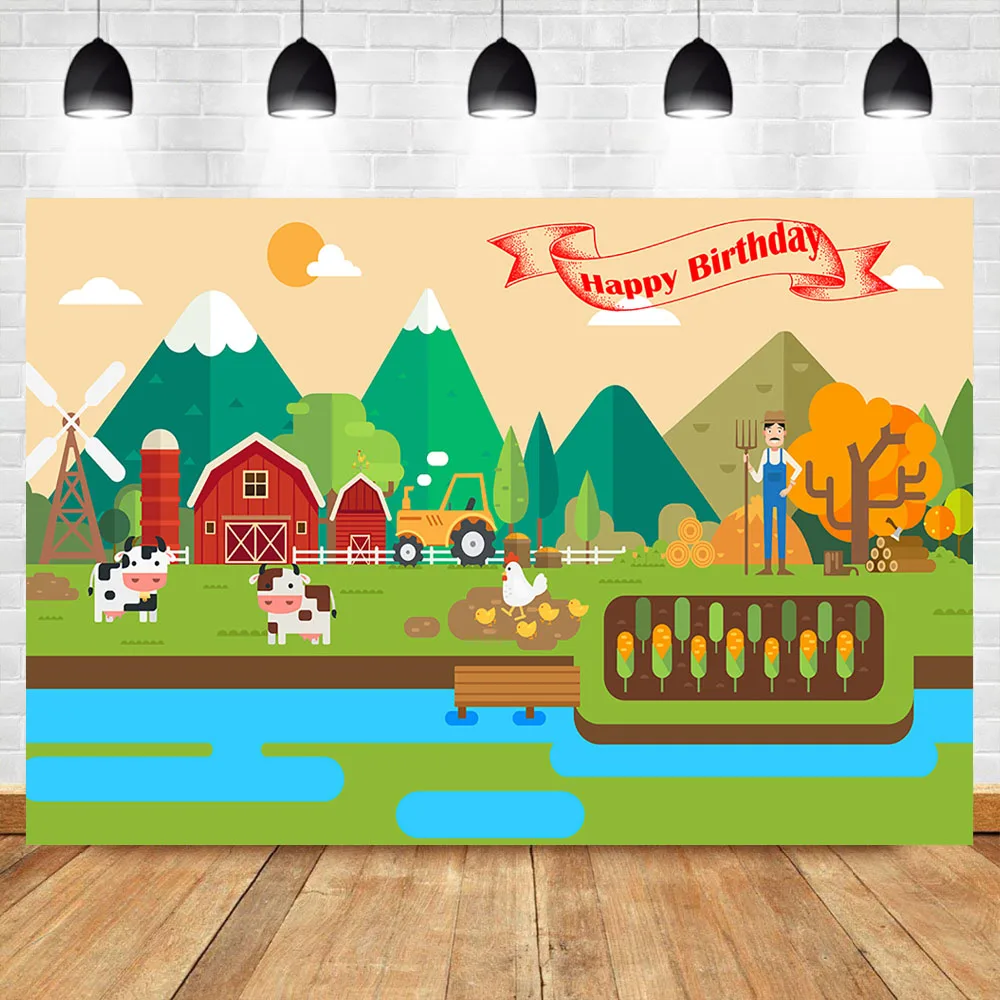 

NeoBack Farm Theme Backdrop Red Barn Tractor Background Cartoon Animals Child Birthday Party Banner Photography Backdrops