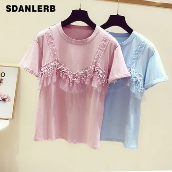 

Women Tshirt Students T-shirts Girl Lady T-shirt 2019 Summer New Leisure Female Beaded Lace Sling Round Collar Short Sleeve T