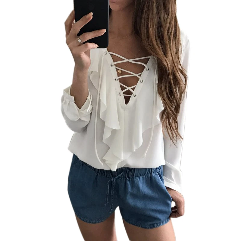 

Women Casual Chiffon Blouse Lace Up V Neck Ruffles Long Sleeve Shirt Top Free Shipping