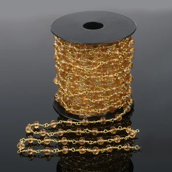 

HanKun 4*6mm Yellow Faceted Rondelle Crystal Beads with Brass wire wrapped Rosary Chain-Making Jewelry-Stone Bead Chain Necklace