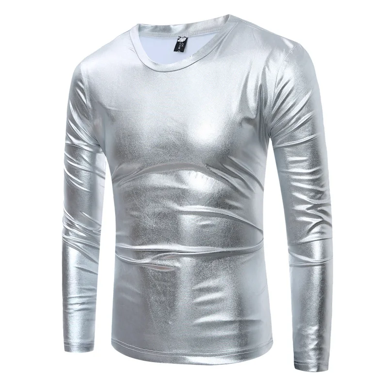 Блестящая металлическая Мужская футболка с золотым покрытием,, повседневная мужская футболка с v-образным вырезом, футболки для ночного клуба, облегающая футболка в стиле хип-хоп, Мужская Футболка 2XL - Цвет: ZT-CT01 Sliver