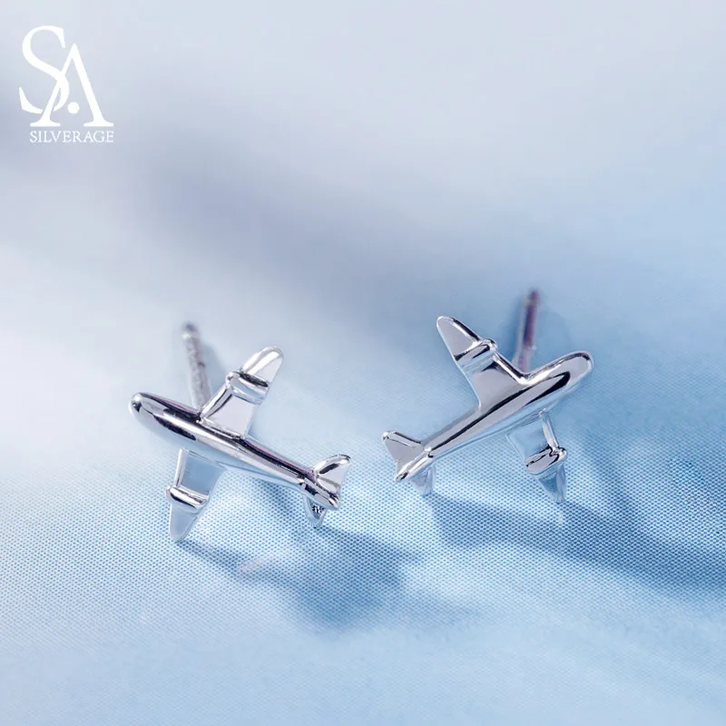 SA SILVERAGE 925 Sterling Silver Aircraft Stud Earrings For Women Travel Lover New Pendientes | Украшения и аксессуары