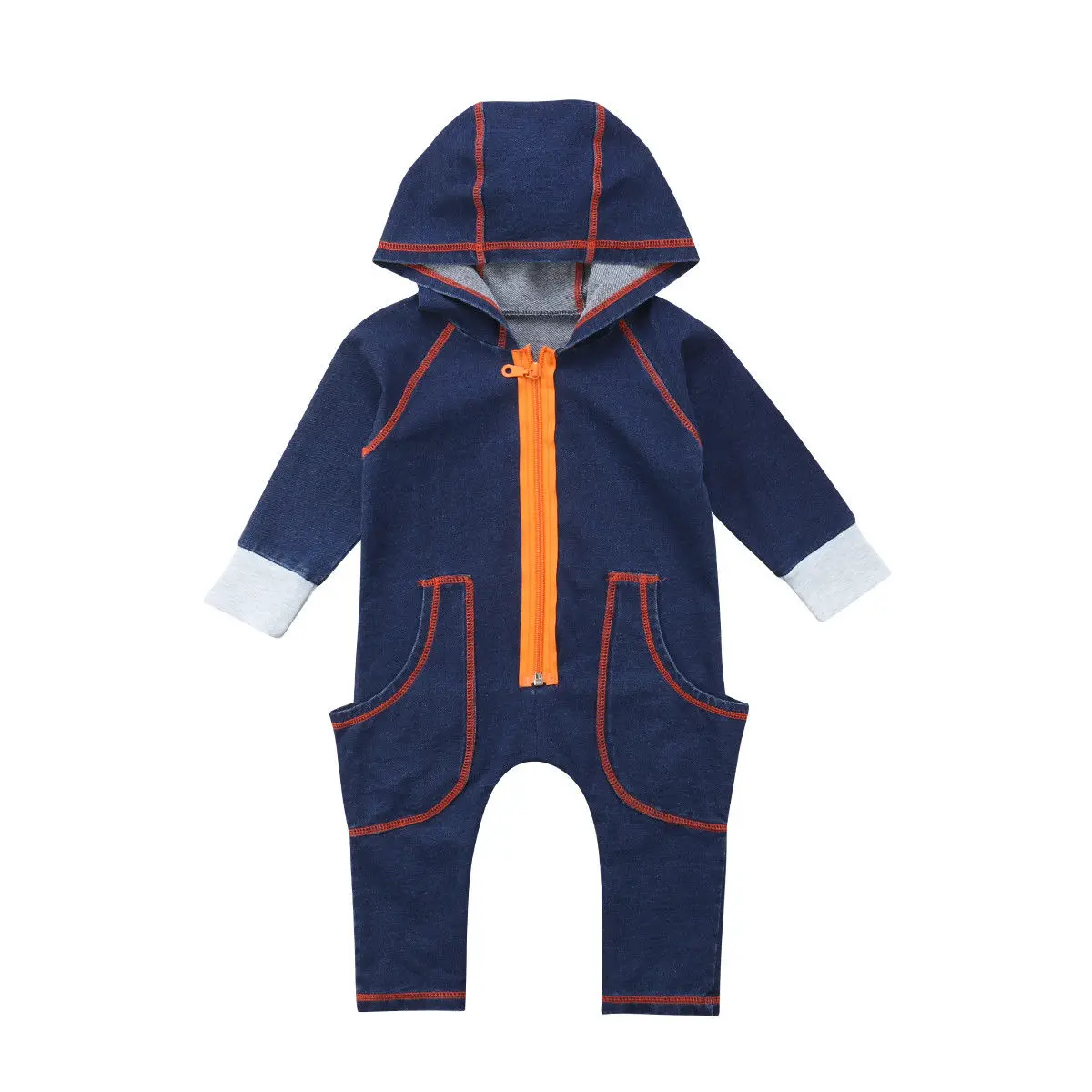 

2018 Brand New Autumn Set Toddler Baby Boy Girls Unisex Outfits Long Sleeve Hooded Pockets Romper Jumpsuit Cotton Clothes 1-6T