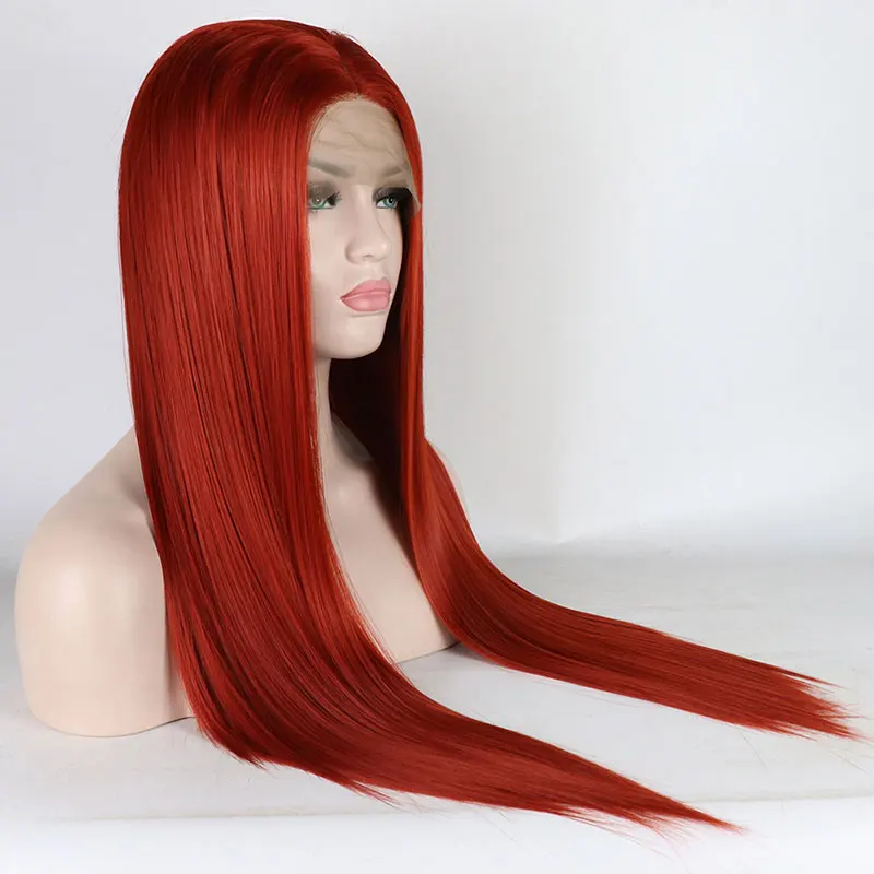 

Bombshell Red Straight Hand Tied Synthetic Lace Front Wig Heat Resistant Fiber Hair Natural Hairline Middle Parting For Women