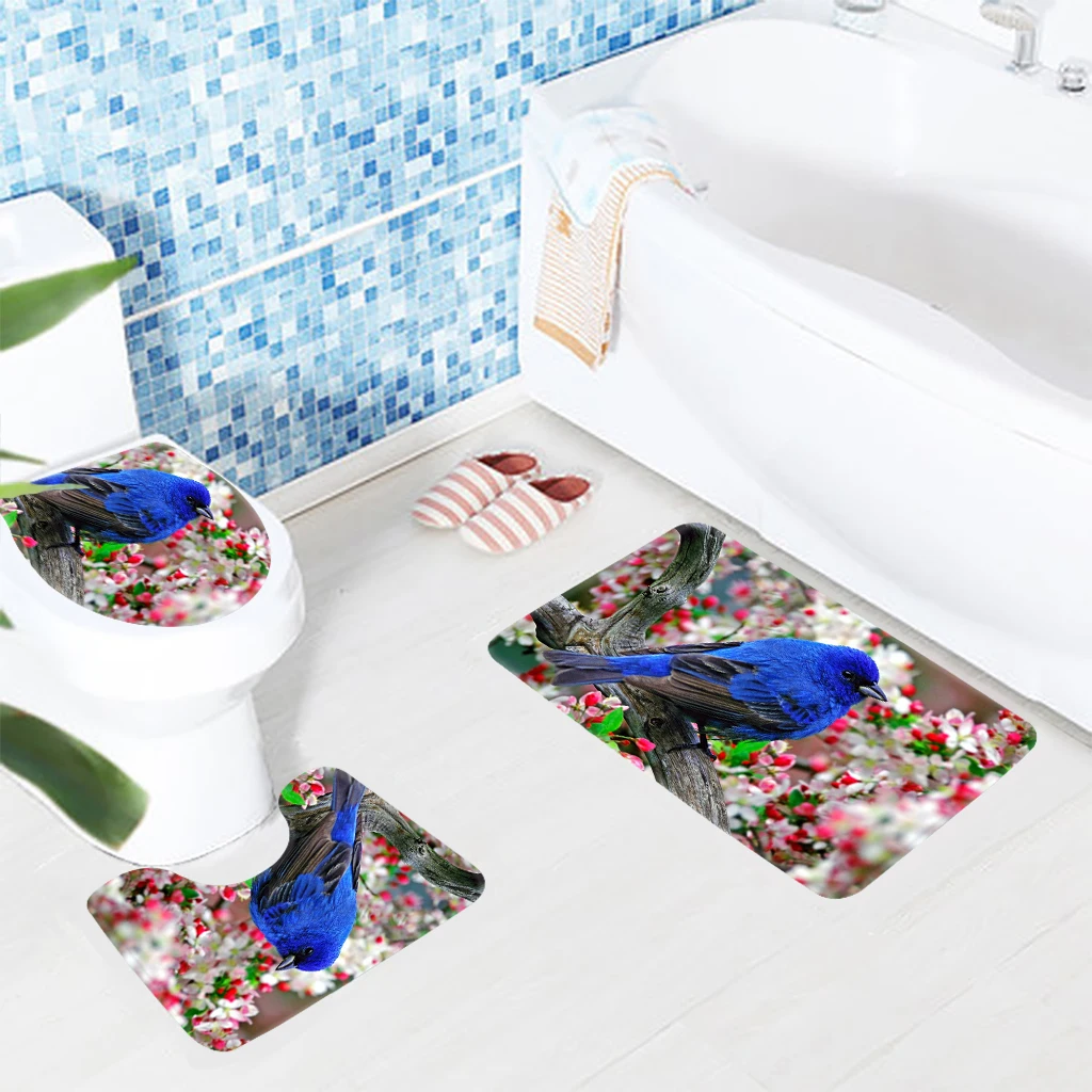 3psc Bath Rug Sets Bird Gallery Hummingbird Flowers Pattern Bathroom