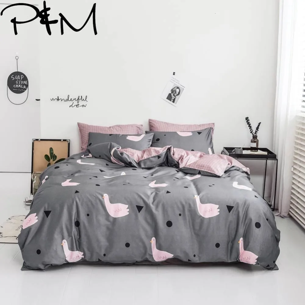 

PAPA&MIMA Pink swan print Cartoon style bedding sets cotton Twin Single Queen King Size duvet cover set bedsheet pillowcases