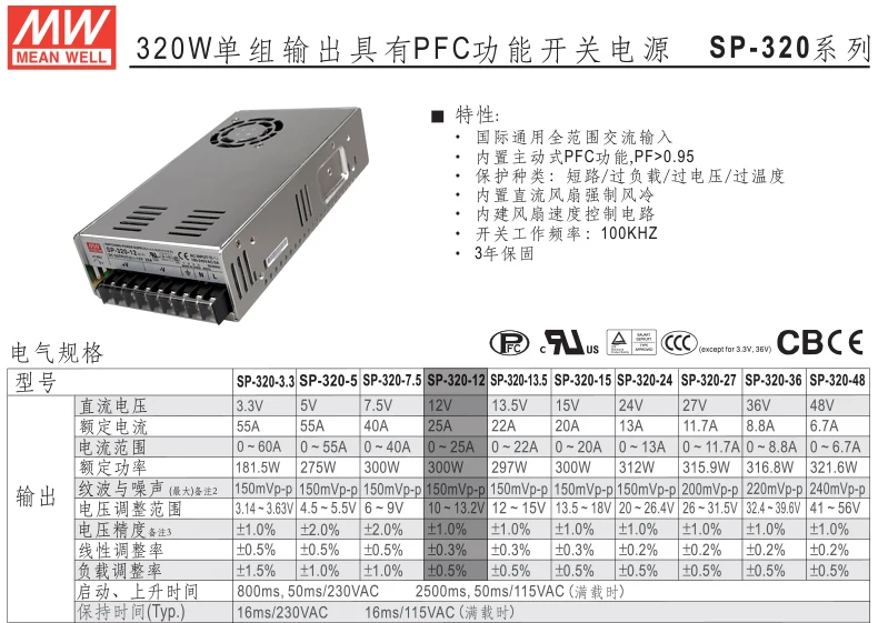 Аутентичные Тайвань означает также импульсный источник питания sp-320-12 320 Вт 12v25a Active PFC Экспорт в Европу