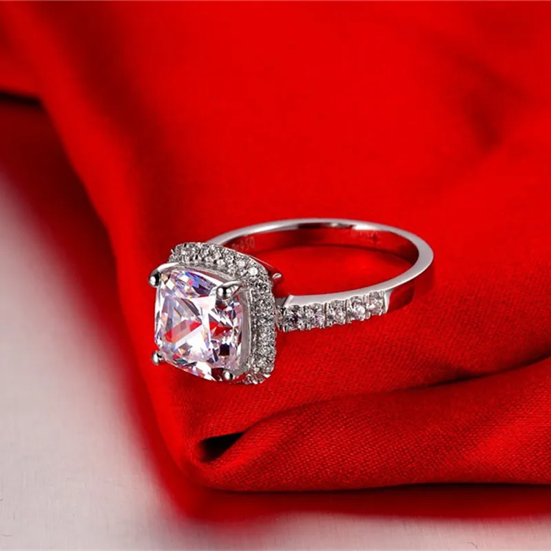 AINOUSHI Роскошные 3 карат Halo SONA обручальные кольца принцесса вырезанная подушка кольцо 925 серебро Женское Обручальное Кольцо