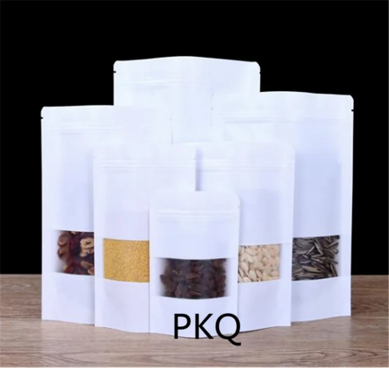 

18x26cm Kraft Paper Stand Up Zipper Pouches Bag with Matte Window Resealable Zip Closure Heat Seal white bags for Food Packaging