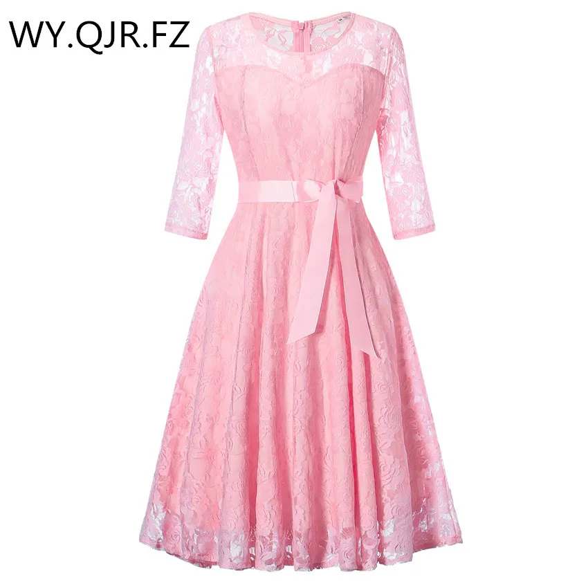 OML516F # Короткое Розовое Кружевное платье подружки невесты с круглым вырезом и