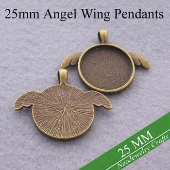 

25mm Antique Bronze Angel Wing Pendant Tray, Round Pendant Setting, 25mm Round Cabochon Tray Pendant