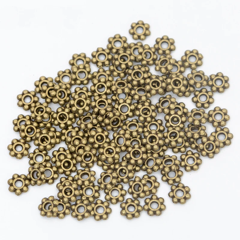 

100pcs 6mm Round Daisy Flower Metal Spacer Beads For Needlework Gold Tibetan Silver Tone Charms For Jewelry Making Diy Bracelet