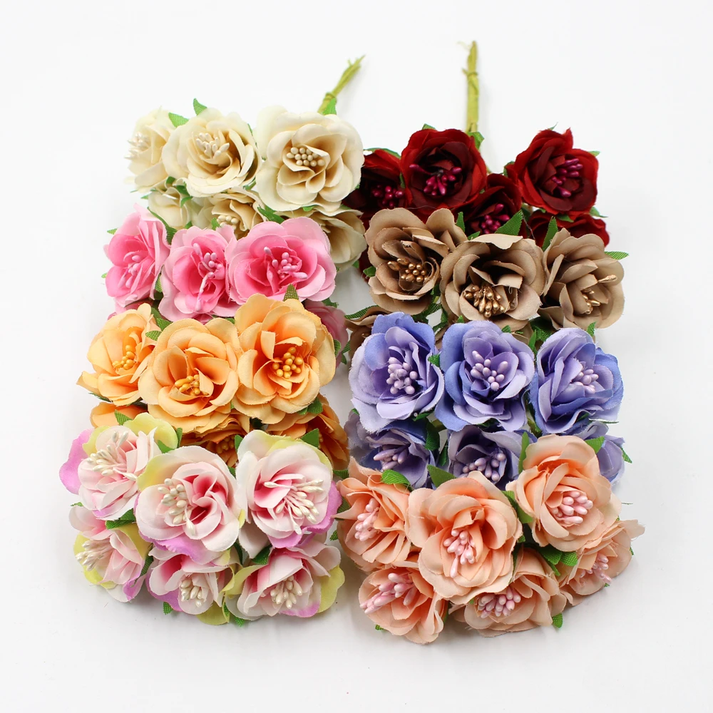 6 шт./лот 3 см искусственный цветок шелк тычинки букет из роз для свадьбы украшение дома DIY гирлянда скрапбук Подарочная коробка ремесло цветок