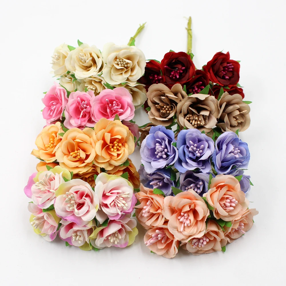 

6pcs/lot 3cm artificial flower silk stamen rose bouquet wedding home decoration DIY garland scrapbook gift box craft flower