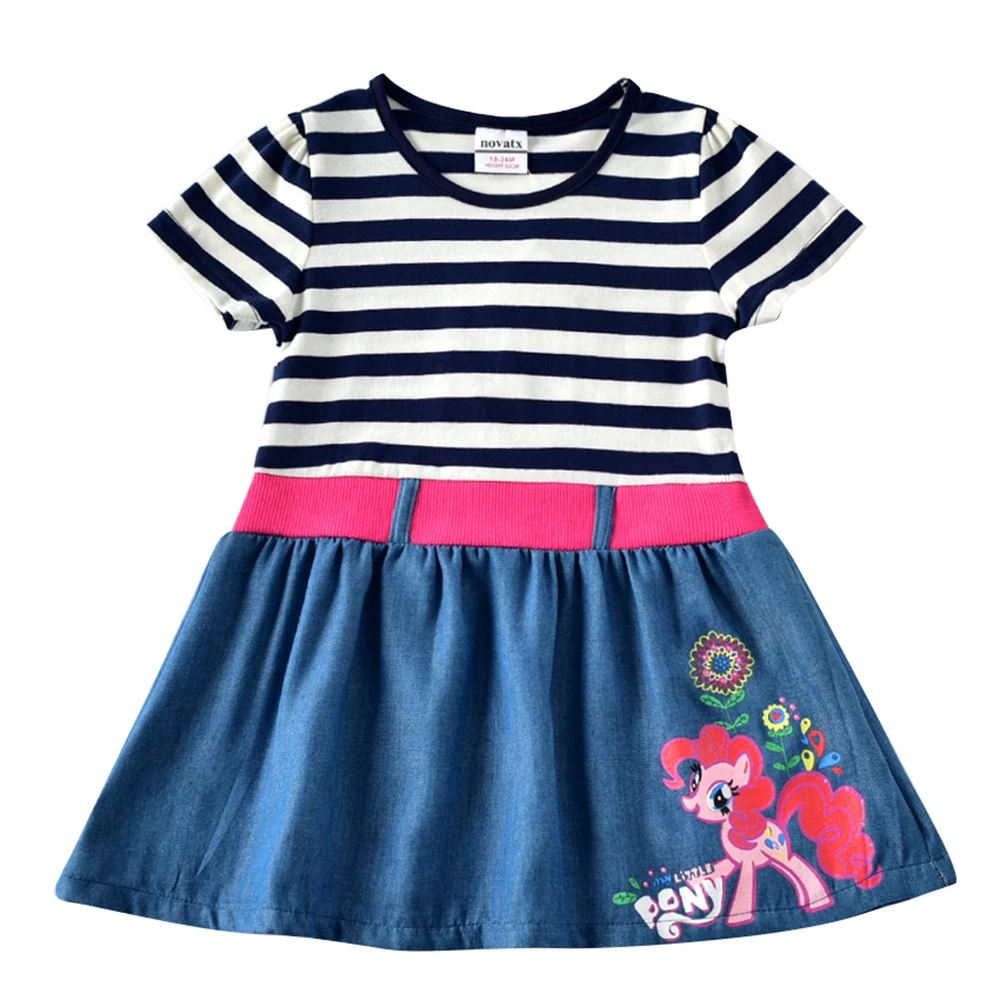 Girls Baby Short Sleeve Cartoon Dress Summer New Kids Wearing Denim Belt Dress Round Neck Embroidered Short Sleeve Dress H7123