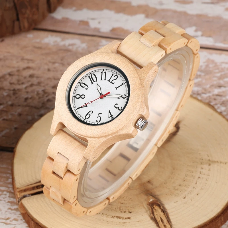 Pure Little Cute Round Dial Chic HOur Clock Full Bamboo Wood Watch Women Quartz Wooden Bracelet Watch Women's Wrist Reloj Mujer 2019 2020 2022 2023 (3)
