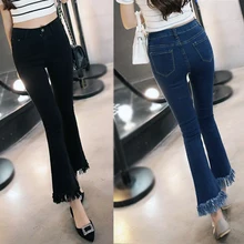 Джинсовые брюки женские модные обтягивающие расклешенные брюки с кисточками повседневные рваные джинсы для женщин с высокой талией эластичные джинсы Синий Черный