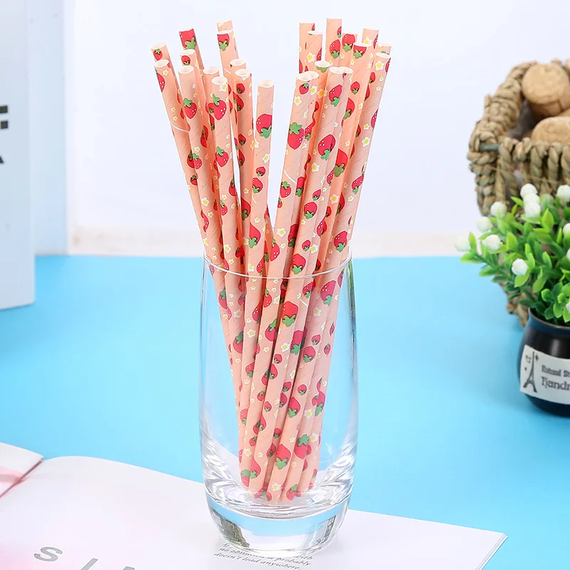 

25pcs Strawberry Pineapple Watermelon Flamingo Fruit Pink Paper Straws for Wedding Decorative Party Creative Drinking Straws