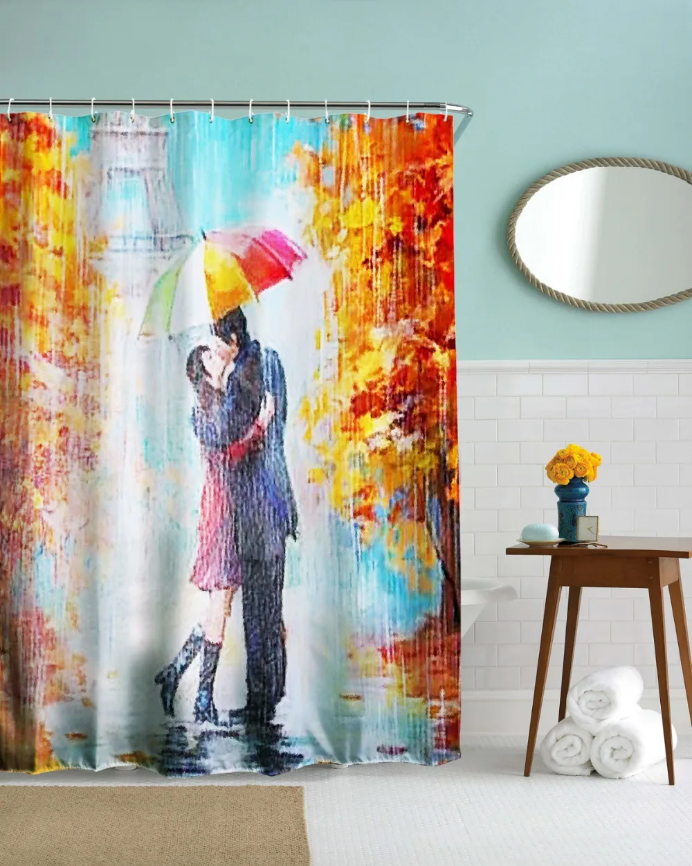 Paris Kissing Lover Shower Curtains Polyester Waterproof Bathroom