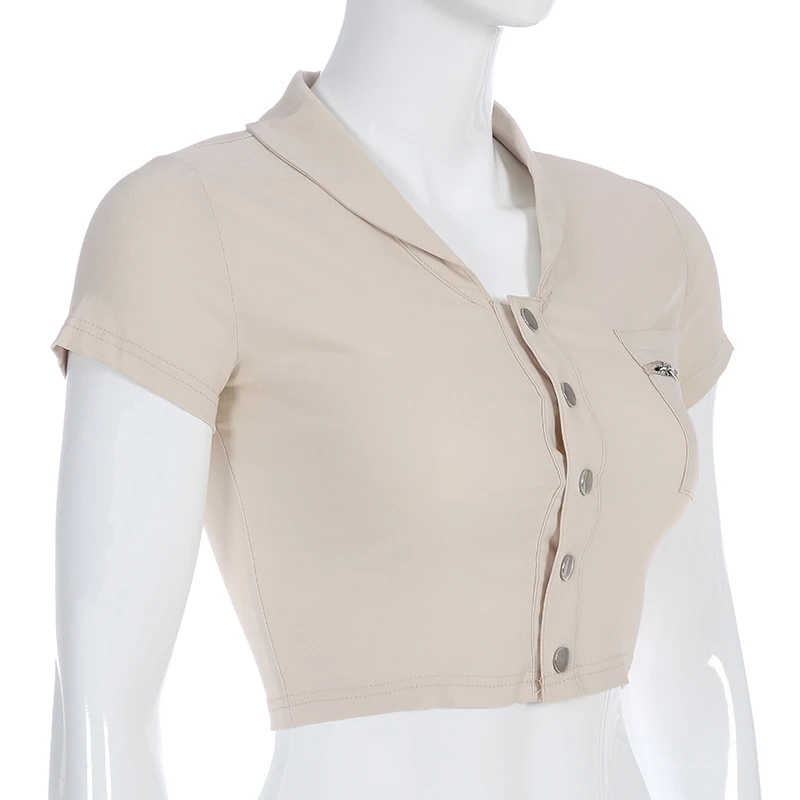 Weekeep, женская укороченная облегающая футболка с отложным воротником, уличная одежда, однобортный укороченный топ с карманами, Лоскутная футболка, женская футболка