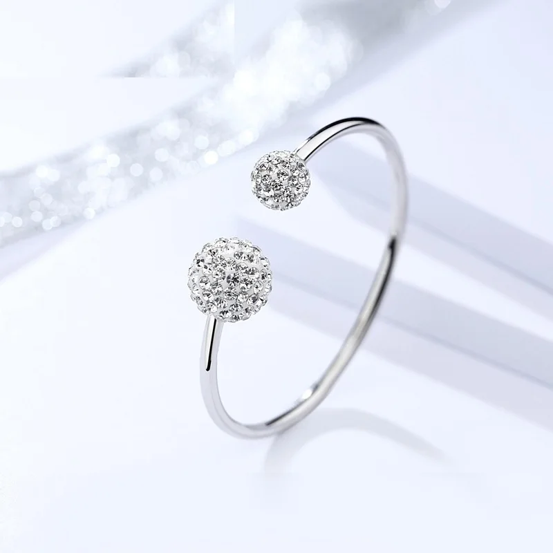 

Genuine 925 Sterling Silver Fine jewelry Female Simple Water Drill Double Ball with zircon stone Open Bracelet bangle Adjustable