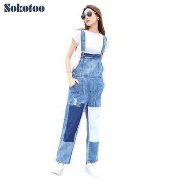 

Sokotoo Women's fashion loose patchwork denim overalls Lady's boyfriend crop jeans Ankle length jumpsuits