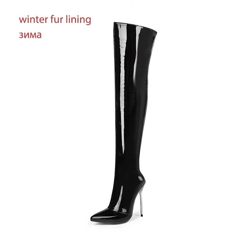 WETKISS/зимние пикантные женские сапоги на тонком высоком каблуке; эластичные сапоги из искусственной кожи; Женские Сапоги выше колена с острым носком; обувь на шпильках - Цвет: black patent plush
