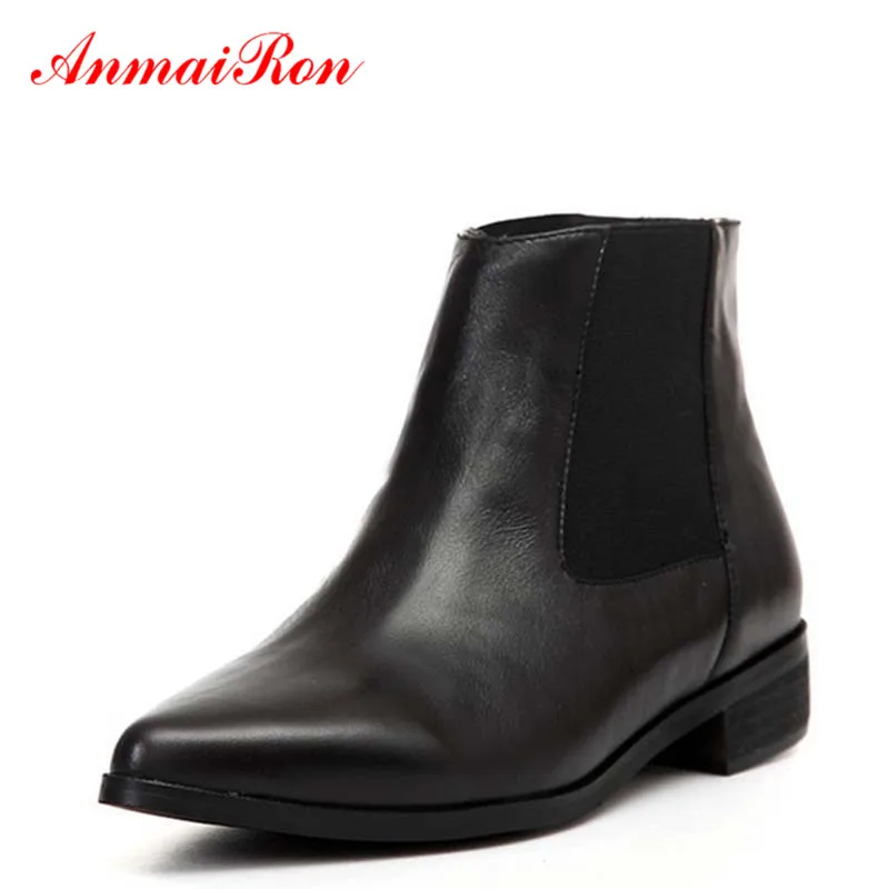 

ANMAIRON Women Ankle Boots Leather Black Boots For Women Pointed Toe New Arrive Square Low Motorcycle Boots Winter shoes Shallow