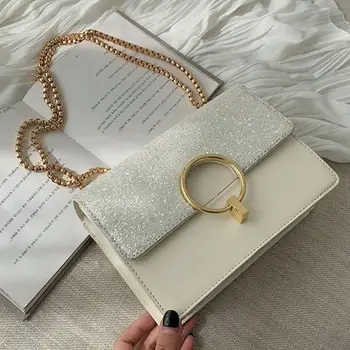 

Elegant Female Sequined Flap Square Bag 2019 New Quality Leather Women's Designer Handbag Contrast color Shoulder Messenger Bag