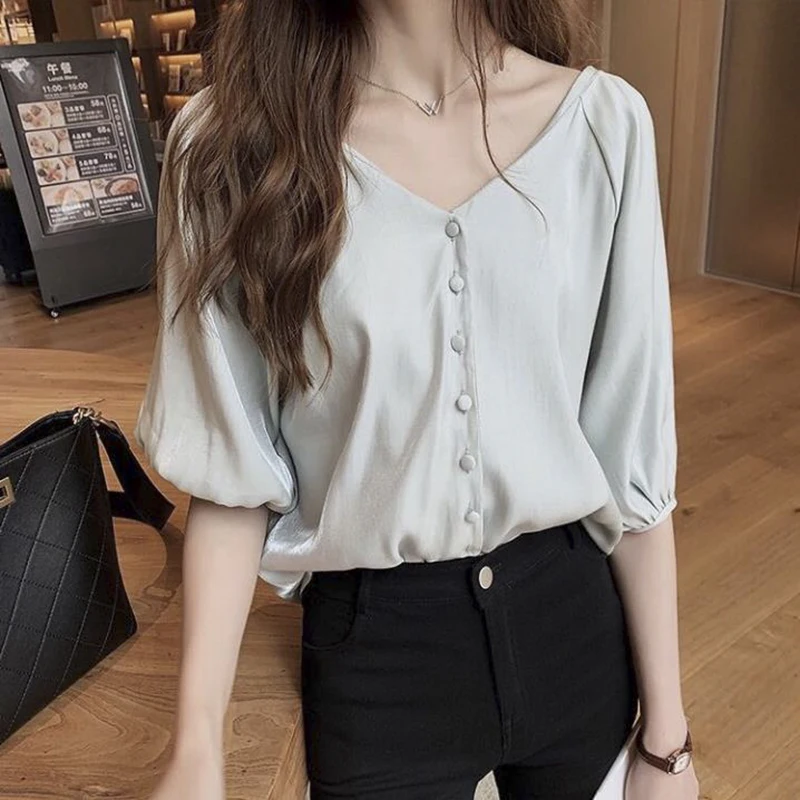 New Plus Size Women Sleeve Loose Blouse Casual Shirt Summer Chiffon Yellow White Red Button Shirts Tops