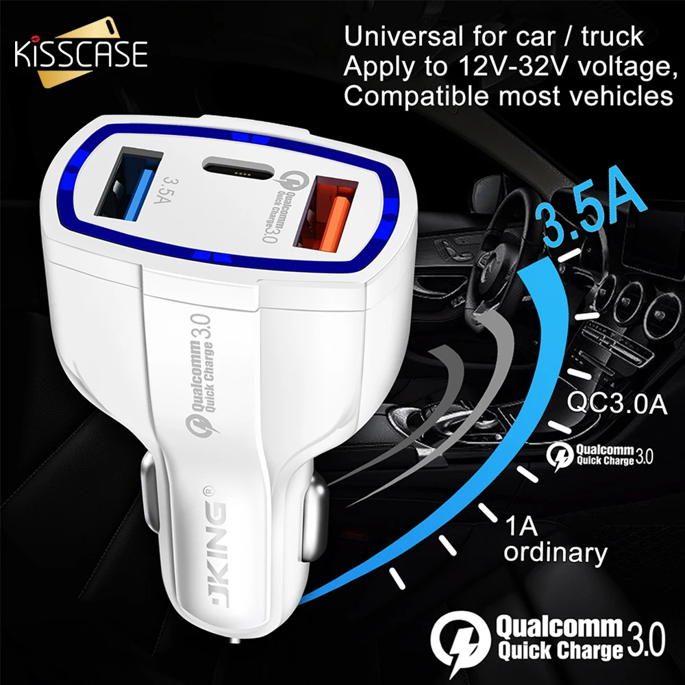 KISSCASE QC 3.0 Phone Car Charger Type C Fast Charger for iPhone XS XR Mobile Phone Charging Universal Dual USB Quick Charger