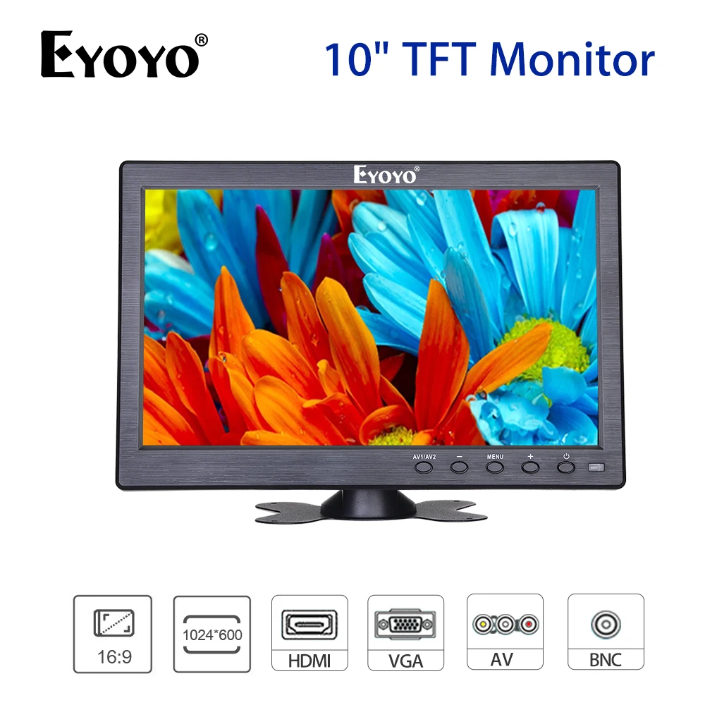 

EYOYO 10.1 inch TFT LCD Screen 1024*600 CCTV Monitor BNC AV VGA HDMI Video Audio for DVR DVD Security Camera Built-In Speakers