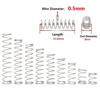 

10Pcs Compression Spring 304 Stainless Steel Non-corrosive Tension Spring Wire Dia 0.5mm Outer Dia 9mm Length 10-50mm