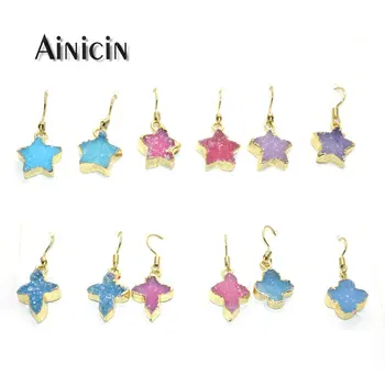 

1 Pair Natural Druzy Crystal Stone Star Cross Clover Hook Earrings Gold Plating Fashion Women Dangle Earring