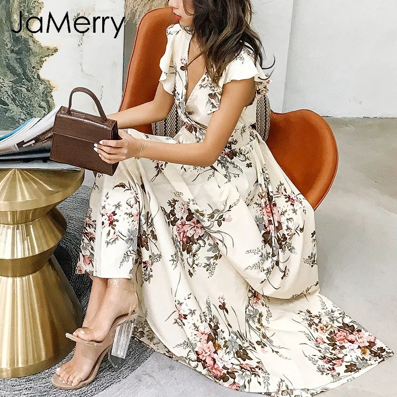 JaMerry 2018 V neck ruffles long dress women Floral print boho maxi dress summer Spring casual high waist dress vestidos femme