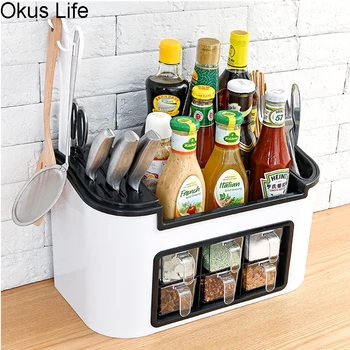 

Kitchen Double Layers 6 Grids Seasoning Pots Multifunctional Home Spice Container for Tableware Condiment Knives Storage Holder