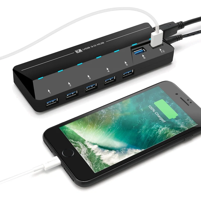 

7 Ports USB 3.0 Hub High Speed USB Charger with On/Off Switch USB Splitter with Power Adapter Fast Charging with Cable for MAC