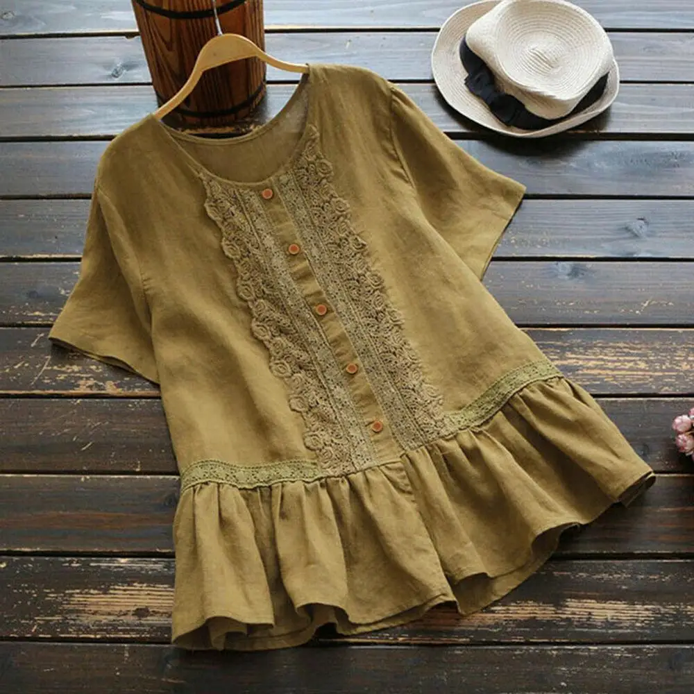 

Women Fashion Casual Cotton Linen Lace Ruffle Button Down Tee Baggy Tops T-Shirt
